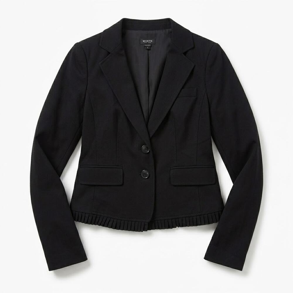 Worth Wool Ruffle Blazer Jacket Black Ruffle Hem Pockets Lined Cropped Womens 4